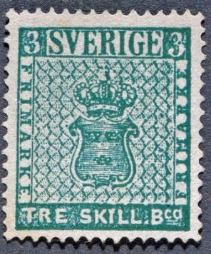 Sweden's first postage stamp, three skilling banco, 1855.